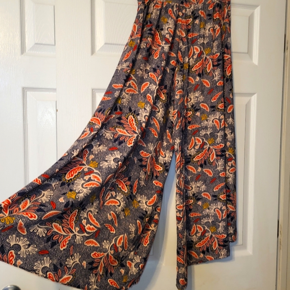 Aakaa Palazzo Pants Women's Size Small  Navy Blue‎ Gold Asymmetrical Hemline
